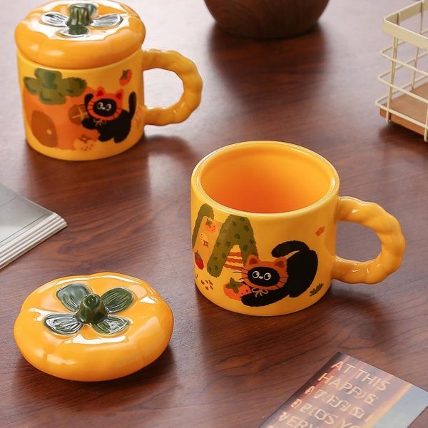 Taza Ins Taza De CeráMica De Alto Valor Con Tapa Lindo Regalo De CumpleañOs Taza De Agua Para Chica De Oficina Souvenir 380Ml Orange-image