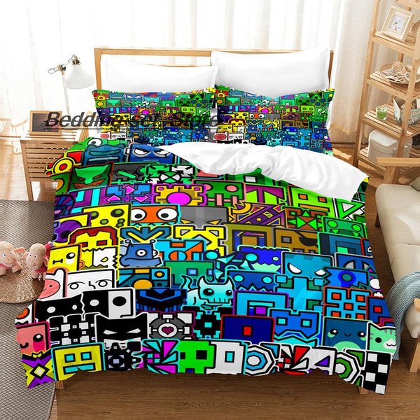 Zestaw PośCieli Geometry Dash Pojedynczy BliźNiaczy PełNy KróLowa KróL Rozmiar Gra Sypialnia Poszewka Na KołDrę Anime PośCiel 140X200Cm 3Pcs Black-image