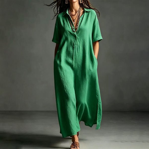 Vestido Largo De AlgodóN Para Mujer Manga Corta Corte Holgado Camisa Casual Cuello En V Botones KaftáN Largo Vestido De Verano Para La Playa Con Bolsillos XXL Verde-image