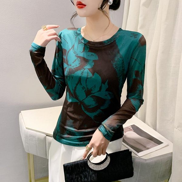 Camiseta Casual De Malla Estampada Con Cuello Redondo Para Mujer En Primavera, Manga Larga, Ajustada, BáSica 4XL Blue-image