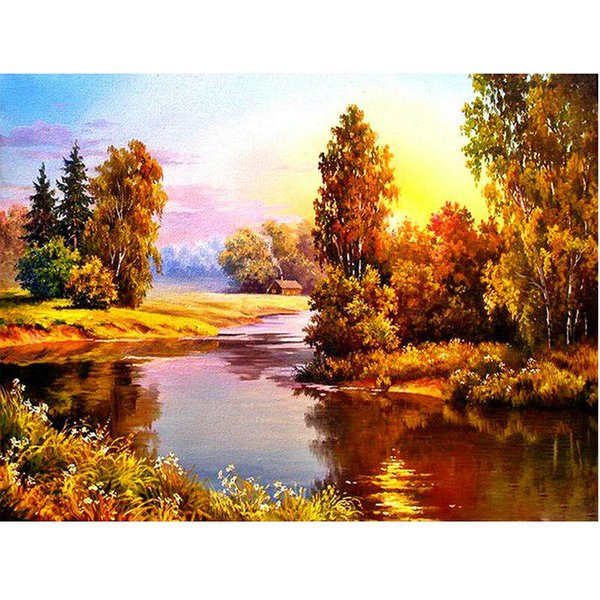 Pintura De Diamante 5D Diy Con Taladro Redondo Completo, Punto De Cruz, CabañA Junto Al Lago, Paisaje Bordado Al Atardecer 20X30CM-image