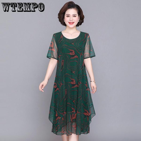 Vestido De Gasa Verde Cuello Redondo Fino Manga Corta Longitud Media Holgado Casual Estampado Para Mujer Transpirable Y CóModo Verano 4XL Verde-image