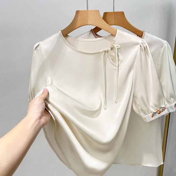 Camisa De Gasa De Manga Corta A Color Contrastante Para Mujer, Estilo Chino, Nueva, Top De Manga Corta, Temperamento Retro, Camisa Bordada M Blanco-image