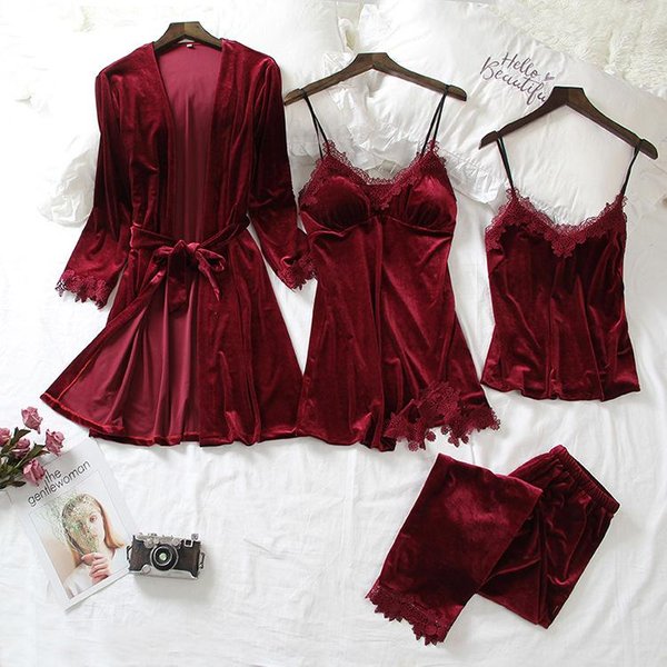 Conjunto De Pijama Sexy Con Encaje Para Mujer OtoñO Invierno Ropa De Dormir De Terciopelo Holgada Velour Ropa Para El Hogar Traje De Pijama Kimono Bata Albornoz M Black-image