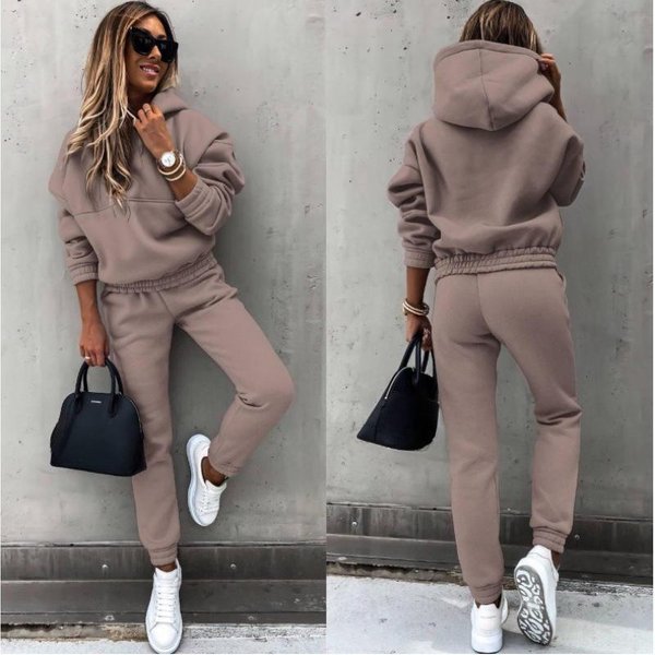 Jesień Zima Moda Polar DłUgi RęKaw Sportowy Codzienny Bluza Zestaw 2 CzęśCiowy Dresowy StróJ M-image