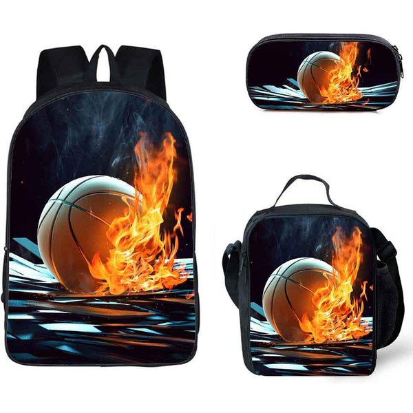 Klasyczny Popularny ŚMieszny Ogień KoszykóWka Druk 3D 3 Szt./Zestaw Uczeń Plecaki Szkolne Plecak Na Laptop Plecak Torba Na Lunch PióRnik Black-image