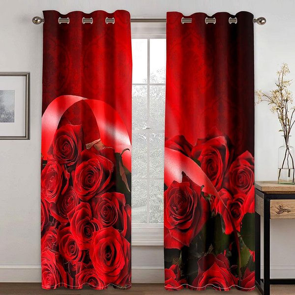 Cortinas De Ventana Coloridas Con Flores Rosas Rojas Rosadas Gracia Para HabitacióN Infantil Sala De Estar Pasillo Tratamientos DecoracióN De Cocina Cortinas Persianas W50 X H130(Cm)X2&Grommet Top-image