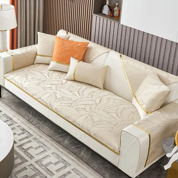 Dejar Jacquard Funda De Sofá LíNea Dorada Borde Blanco Sofá CojíN Toalla Chenilla Antideslizante Sofá Asiento Estera Para La DecoracióN Del Hogar De La Sala De Estar 70X70Cm 1Pcs-image