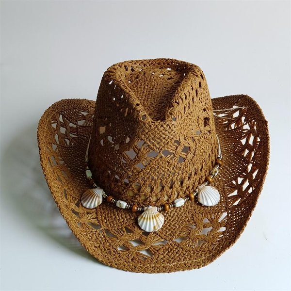 Sombrero De Paja Bohemio De Conchas De Verano Playa Mujeres Hombres Sombreros De Vaquero Cuentas De Madera Hueco Sombrero De Sol De Ala Ancha Occidental Gorra De Vacaciones 55-58CM Black-image