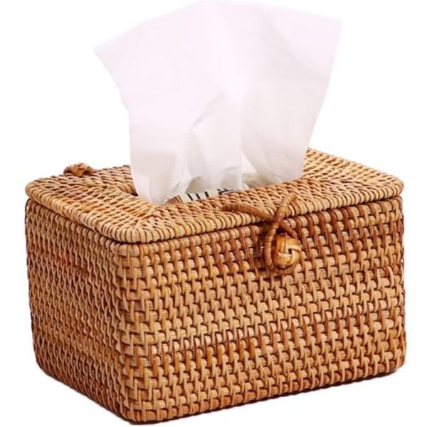Elegante Caja De PañUelos De RatáN Hecha A Mano Contenedor De Almacenamiento De Servilletas Dispensador De Papel HigiéNico De Escritorio Para Hogar Oficina Brown-image