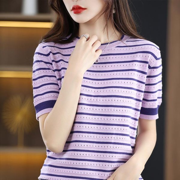 Camiseta De Manga Corta Para Mujer De Verano Con Rayas De Colores, Cuello Redondo Ahuecado, Camisa De Punto Suelta Y VersáTil. 3XL PúRpura-image