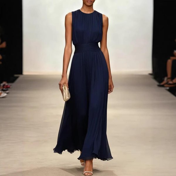 Vestido Maxi Sin Mangas Para Mujer Con Cuello Redondo, Cintura Fruncida, Color SóLido, Fluido, LíNea A, Largo L-image