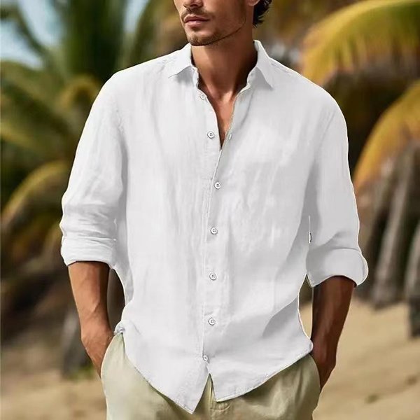 Camisa De Lino Para Hombre Con Botones Camisa De Playa De Verano Color SóLido 3XL-image