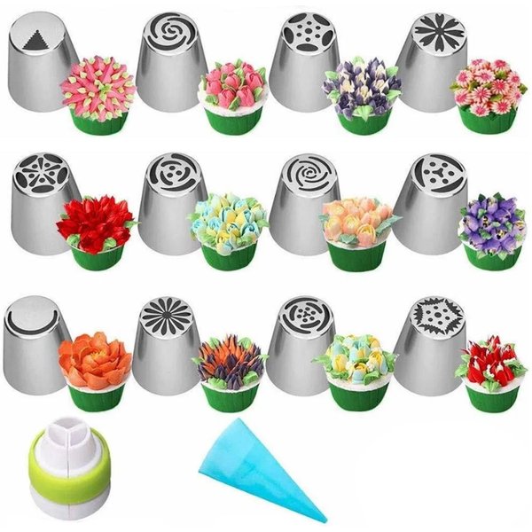 Set De 14 Boquillas Rusas Para Manga Pastelera Completo Flores Glaseado Icing Boquillas DecoracióN De Pasteles ReposteríA-image