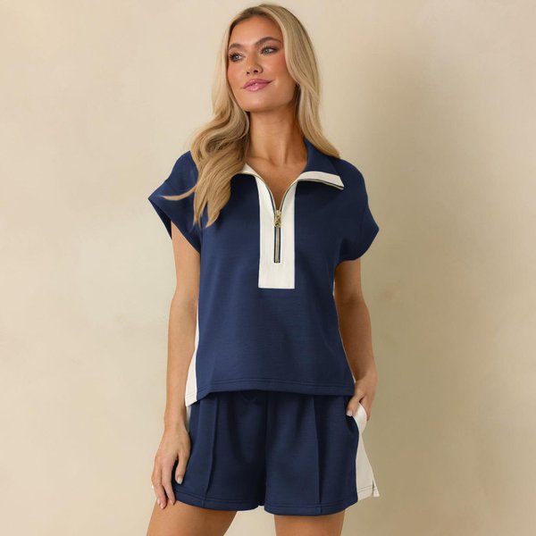 Conjunto Deportivo Casual MáS Vendido Para Mujer, Holgado Y Adelgazante, Bordes Con Bloques De Color, Shorts De Manga Corta Con Media Cremallera, Conjunto De Dos Piezas XL Beige-image