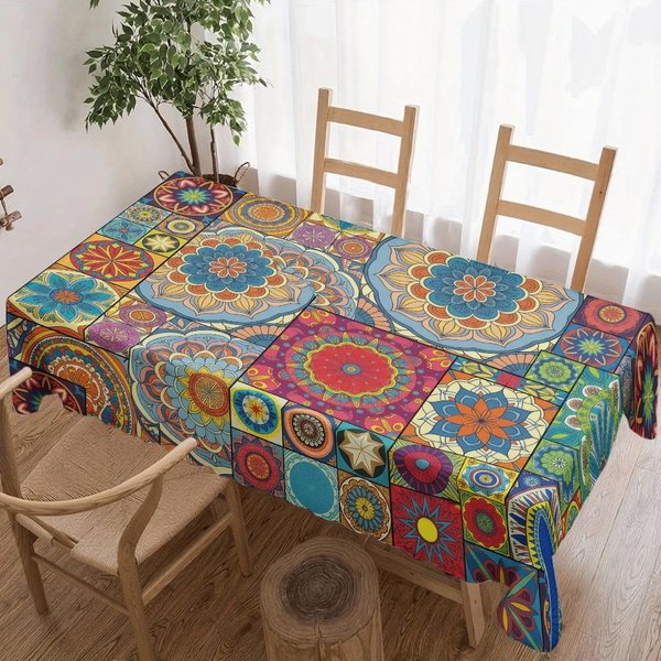 ProstokąTny Obrus Boho Z Kwiatową Mandalą Do Dekoracji StołU Kuchnia Jadalnia Wodoodporny Wielokrotnego UżYtku Obrus Na Stół Wesela Imprezy 140X180Cm-image