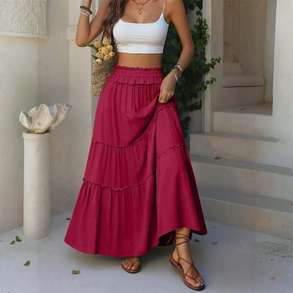 Falda Larga Maxi De Mujer De Cintura Alta Con Volantes, Cintura EláStica Y Bolsillos, Falda Larga Fluida Para Uso Casual O Diario XL Brown-image