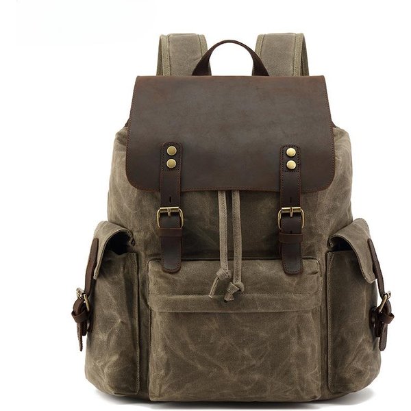 Mochila De Lona Para Hombre Y Mujer Bolsa Para Deportes Al Aire Libre Senderismo Mochila De Viaje Mochila Para Estudiantes Caqui-image