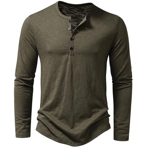 MęSka BawełNiana Koszulka Z Dekoltem Henley Zapinana Na Guziki, Z DłUgim RęKawem, Casualowa, Zapinana Na Guziki, W Jednolitym Kolorze, Modne T-Shirty S Kolor Zielono-Szary Wojskowy-image