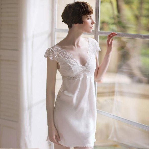 Vestido De Dormir 100% Seda De Morera Femenino Verano Encaje Camisones Ropa De Dormir Sexy Pijamas De Seda Estilo Princesa Vestido De Noche Palacio XL-image