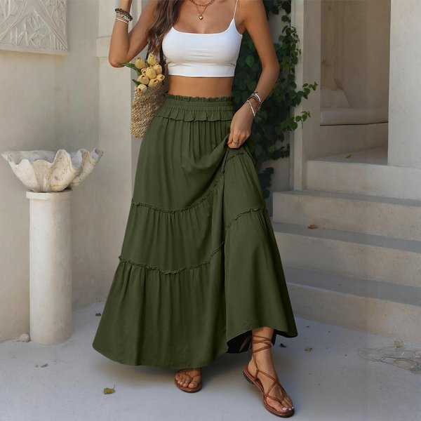 Falda Larga Maxi De Mujer De Cintura Alta Con Volantes, Cintura EláStica Y Bolsillos, Falda Larga Fluida Para Uso Casual O Diario XL Black-image