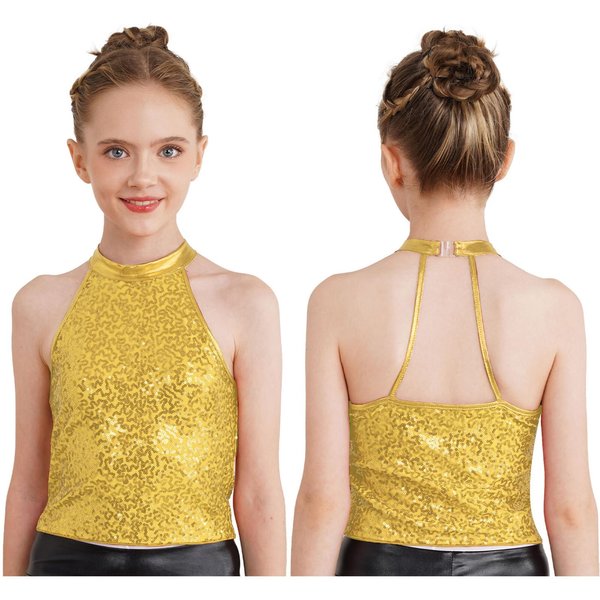Top Corto Con Cuello Halter Y Lentejuelas Brillantes Para NiñAs, Tops Sin Mangas Con Espalda Descubierta Para Porristas, Danza Jazz Y Gimnasia 13-14 Years Beige-image