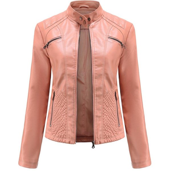 Chaqueta De Cuero Casual Para Mujer Chaqueta Con Cuello Alto Chaqueta Ajustada Chaqueta De Cuero De Color SóLido Para Primavera Y OtoñO S-image