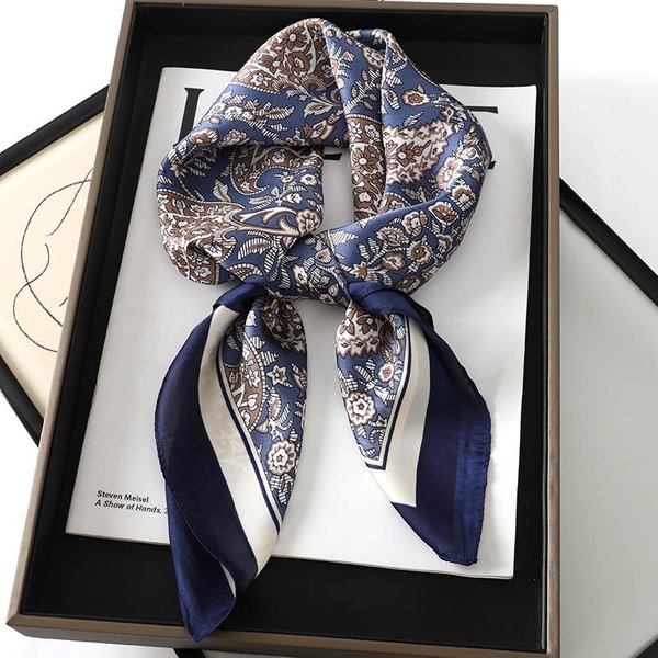 Kwiatowy Jedwabny Kwadratowy Szalik Damski Satynowy Szal Owijka HidżAb Damska Opaska Na WłOsy Nadgarstek Luksusowy Chustka Na GłOwę 70*70Cm Szalik Bandana Gray-image