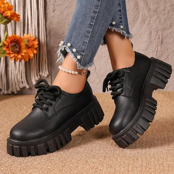 Talla Grande Zapatos De Mujer Mocasines Zapatos De TacóN Alto Con Plataforma Zapatos De SalóN De Oficina Para Mujer Punta Redonda TacóN Medio Zapatos Con Cordones Femeninos 42 Negro-image