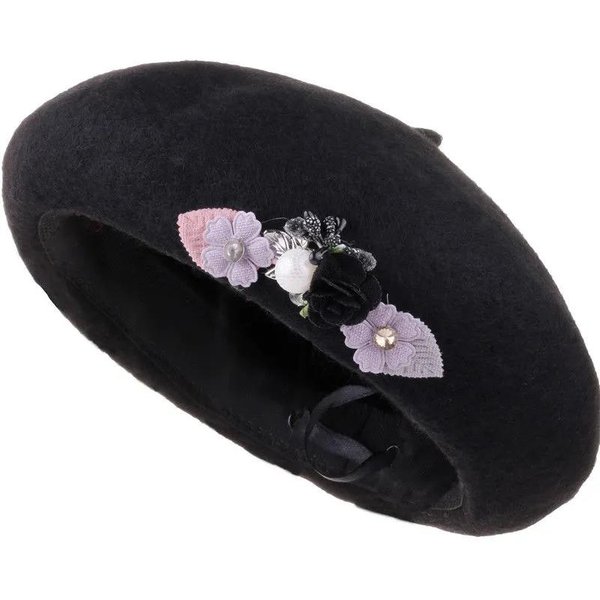 Boina Retro De Flores Para Mujer Elegante Mezcla De Lana Sombrero De Artista Pintor OtoñO Invierno Boina Ajustable CombinacióN Total Sombrero De Copa Onesize Negro-image