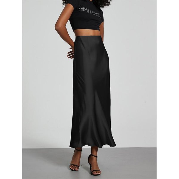 Moda SatéN Fiesta Falda Larga Cintura Alta Color SóLido Casual BáSica Faldas Mujer Falda Cola De Pez Chic Verano Ropa Mujer L White-image