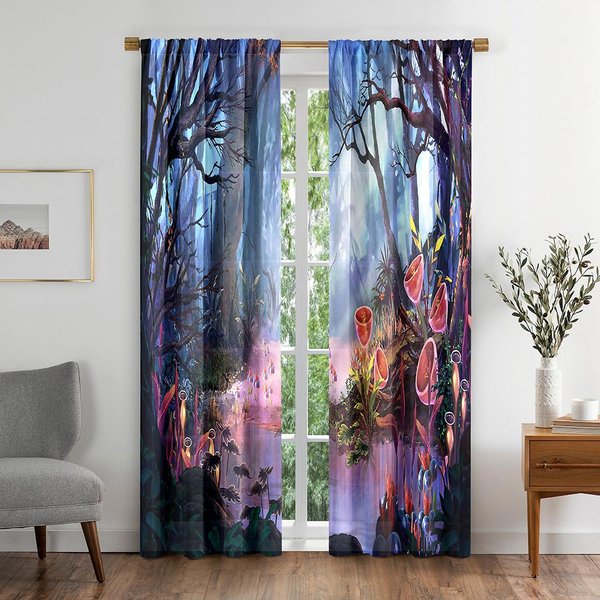 Cortina Opaca Con Vista Al Cielo Y Bosque Colorido De La Naturaleza, Para Sala De Estar, Dormitorio, BañO, Cocina, Puerta, Armario, DecoracióN, Ganchos W50 X H130(Cm)X2&Grommet Top-image