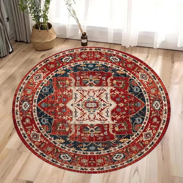Vintage Czerwony OkrąGłY Dywan Perski Tradycyjny Orientalny Kwiatowy Medalion Dywan PodłOgowy Do Salonu Sypialni WystróJ Domu 80X80Cm-image