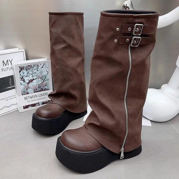 Zapatos De Mujer Venta Caliente Botas De Mujer Slip-On Moda Hebilla De CinturóN Botas Modernas Mujer Invierno Punta Redonda Plataforma Media CañA 39 MarróN-image