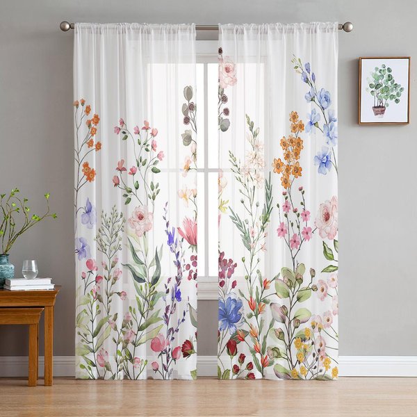 Cortinas Transparentes De Gasa Con DiseñO De Plantas, Flores Y Hojas Para Sala De Estar, Dormitorio, DecoracióN Del Hogar, Cortinas De Tul W135 X H160Cm X1&Grommet Top-image