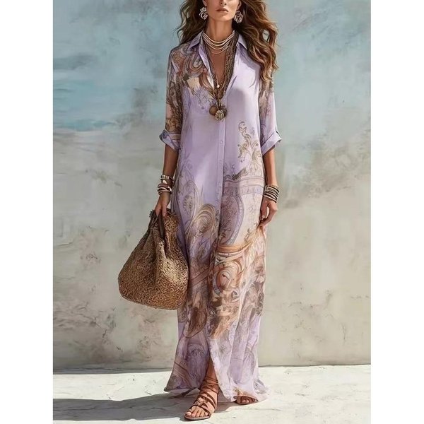 Yyfs Moda Femenina Verano Primavera Mangas 3/4 Cuello Polo Cintura Suelta Vestidos Casuales M-image