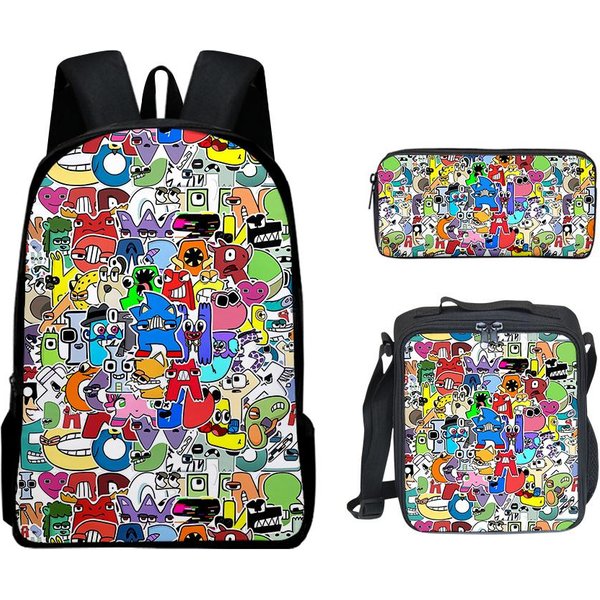 CláSico Popular Peculiar Divertido Alfabeto Lore ImpresióN 3D 3 Uds/Set Alumno Bolsas Escolares Mochila Para PortáTil Mochila Bolsa De Almuerzo Estuche-image