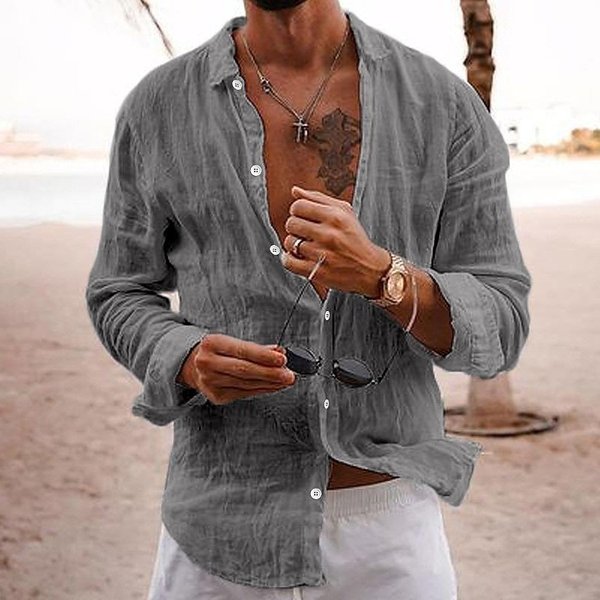 Nueva Camisa De Manga Larga Para Hombre De Mezcla De AlgodóN Y Lino Camisa De Color Liso Con Solapa Estilo Casual M Gris Oscuro-image