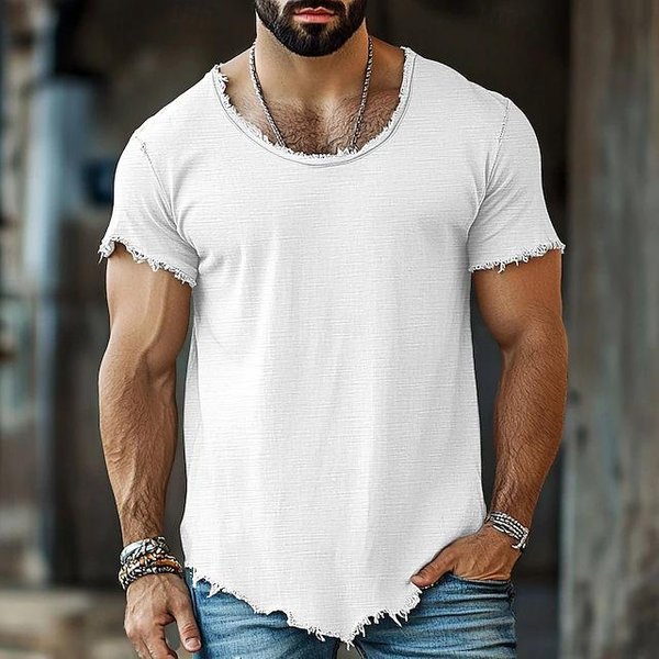 Camiseta De Manga Corta Ajustada Para Hombre, Color Liso, Con Dobladillo Deshilachado L Blanco-image