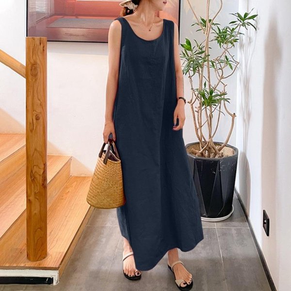 Vestido Largo De Lino Y AlgodóN Con Tirantes Y Tirantes De Verano, Vestidos Sin Mangas Con Cuello Redondo Y Bolsillos Sueltos Para Mujer L Azul Marino-image
