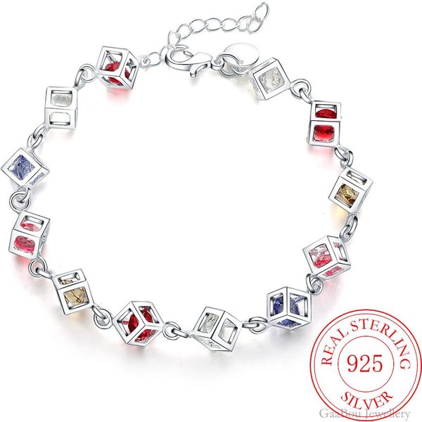 Modna Bransoletka Z łAńCuszkiem W KształCie Kostki Dla Kobiet 925 Sterling Silver Cyrkon Bransoletka Na SzczęśCie W Stylu Vintage Crystal Party Jewelry Female White-image