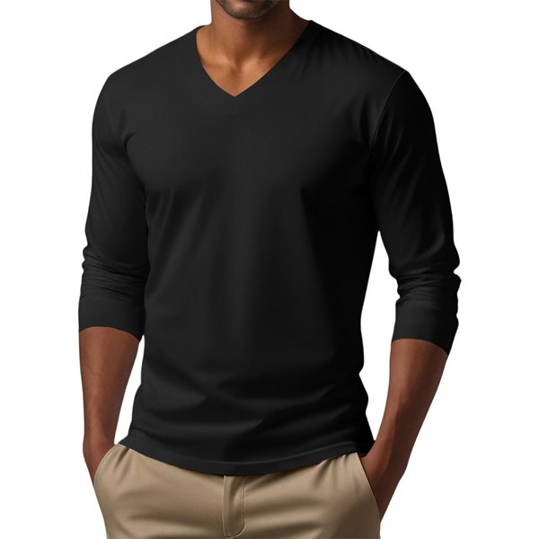 MęSki T-Shirt Z Dekoltem W Serek, Casualowy, W Jednolitym Kolorze, Z DłUgim RęKawem M Czarny-image