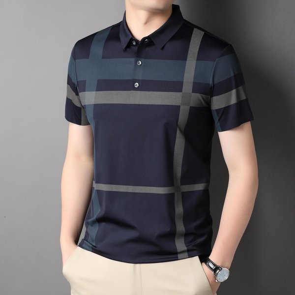 Camiseta De Manga Corta De Verano Ropa De Hombre Cuadros Fina Joven Y De Edad Media Solapa Ropa De Padre Casual Base Moda Xxxl Gray-image