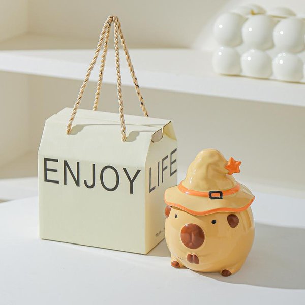 Kubek Kapibara Daje Dziewczynom Uroczy Kubek Na Wodę Z Pokrywką Ceramiczny Kubek Prezent Urodzinowy Atrakcyjny Kreatywny Kubek 301-400Ml Beige-image