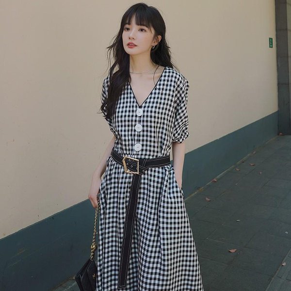 Vestido Retro De Cuadros Para Mujer Estilo Coreano Primavera Y Verano Nuevo Nicho Cintura Francesa Falda Larga L Gray-image