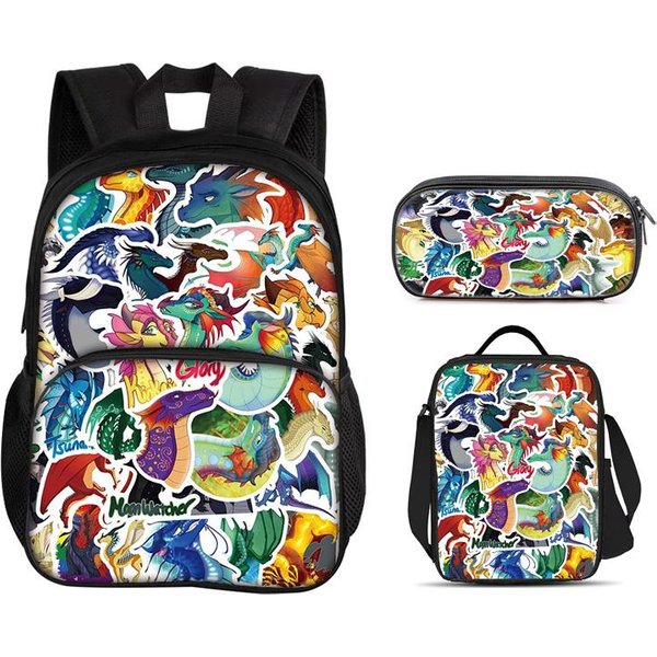 Alas De Fuego Set De 3 Piezas Bolso Redondo Frontal Mochila Estuche Para LáPices Bolsa De Hielo Estampado De Dibujos Animados NiñOs Y NiñAs De Escuela Primaria Estilo Moderno-image