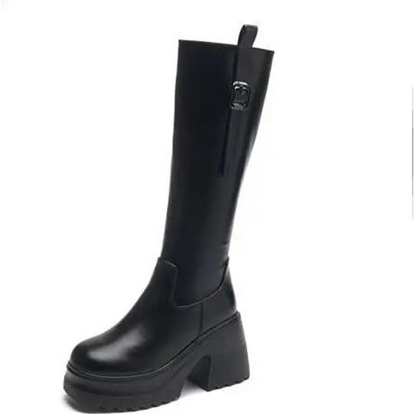 Botas De Montar Finas Para Mujer TacóN Alto Caballero Cuero Genuino TacóN Grueso Botas Largas Para Mujer 10Cm Nuevas Botas Hasta La Rodilla Suelas Gruesas 40 Negro-image