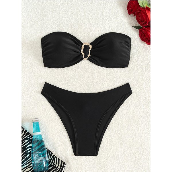 Traje De BañO Bikini Sexy Bandeau Sin Tirantes De Color SóLido Para Mujer L Amarillo/Negro-image