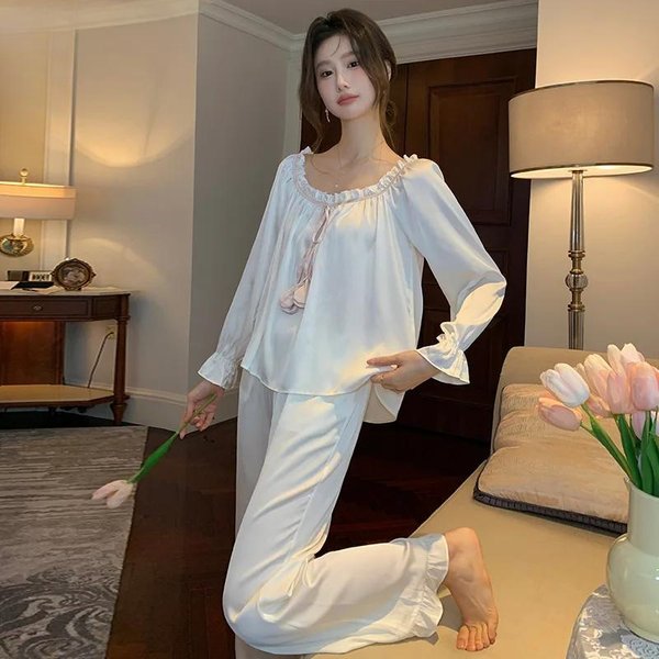 Traje De Pijama FrancéS Para Mujer Primavera Y OtoñO Nuevo Dulce Y Adorable Manga Larga Pantalones Ropa De Casa Traje De Seda De Hielo XL Blanco-image