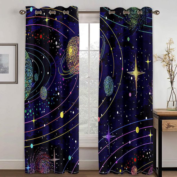 Cortina De Ventana Barata Con Estampado 3D Cielo Galaxia Universo Planeta PsicodéLico 2 Piezas Para Sombreado En Sala De Estar Dormitorio DecoracióN Gancho Para El Hogar 100W130H(Cm)40X51In&Grommet Top Gris Claro-image